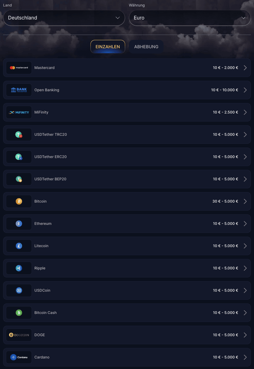Zahlungsmethoden Cazeus Casino